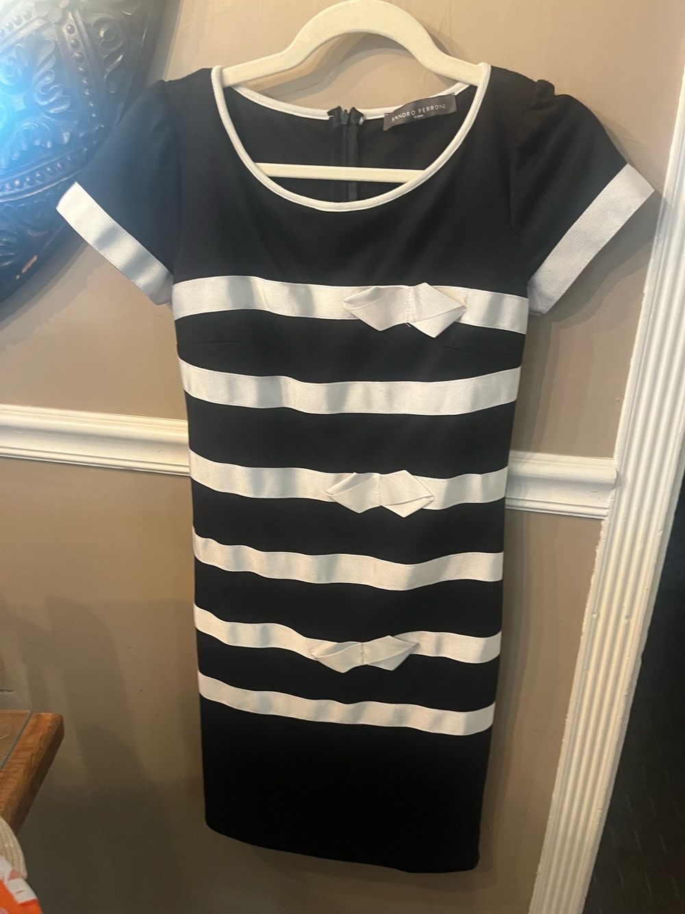 Black and White Striped Short-Sleeve Tee Dress with bows